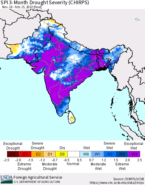 Southern Asia SPI 3-Month Drought Severity (CHIRPS) Thematic Map For 11/16/2021 - 2/15/2022