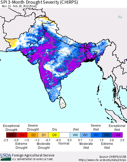 Southern Asia SPI 3-Month Drought Severity (CHIRPS) Thematic Map For 11/21/2021 - 2/20/2022