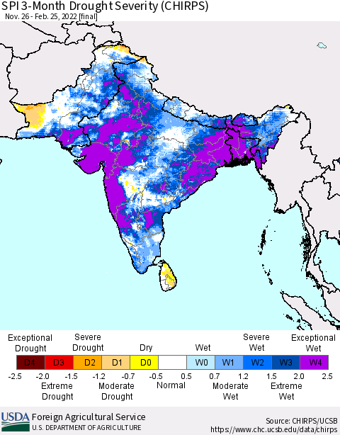 Southern Asia SPI 3-Month Drought Severity (CHIRPS) Thematic Map For 11/26/2021 - 2/25/2022