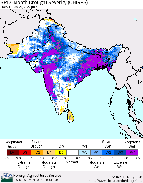 Southern Asia SPI 3-Month Drought Severity (CHIRPS) Thematic Map For 12/1/2021 - 2/28/2022