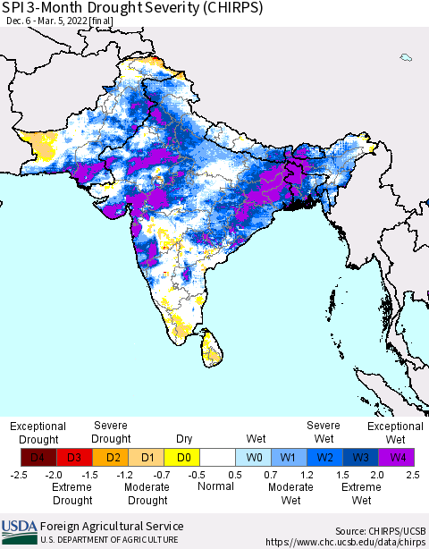 Southern Asia SPI 3-Month Drought Severity (CHIRPS) Thematic Map For 12/6/2021 - 3/5/2022