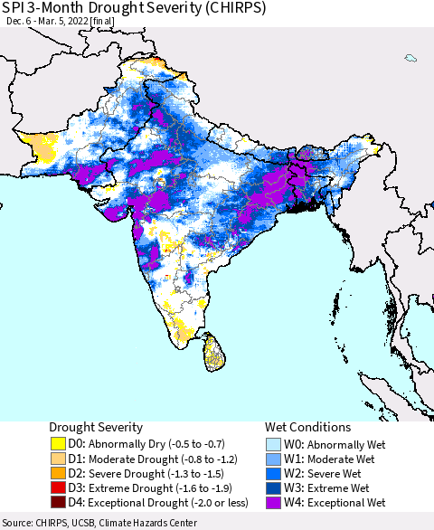 Southern Asia SPI 3-Month Drought Severity (CHIRPS) Thematic Map For 12/6/2021 - 3/5/2022