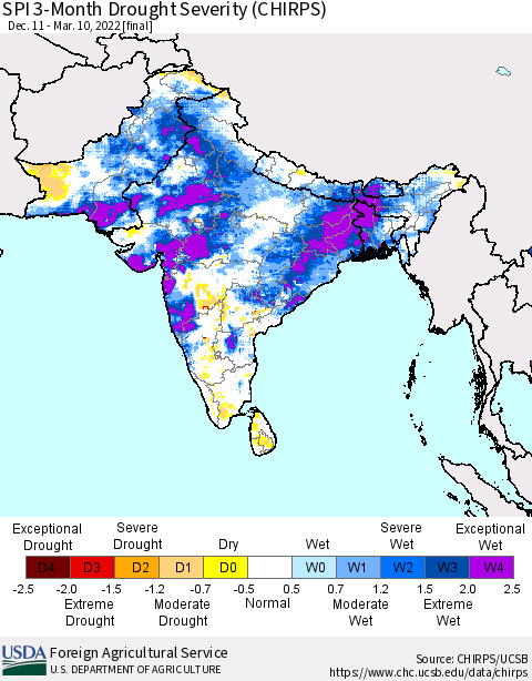 Southern Asia SPI 3-Month Drought Severity (CHIRPS) Thematic Map For 12/11/2021 - 3/10/2022
