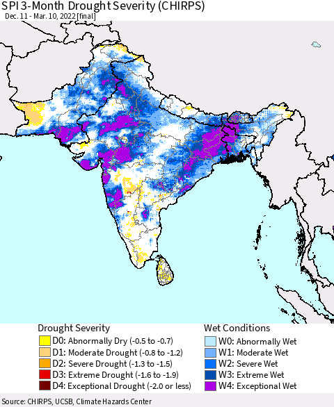 Southern Asia SPI 3-Month Drought Severity (CHIRPS) Thematic Map For 12/11/2021 - 3/10/2022