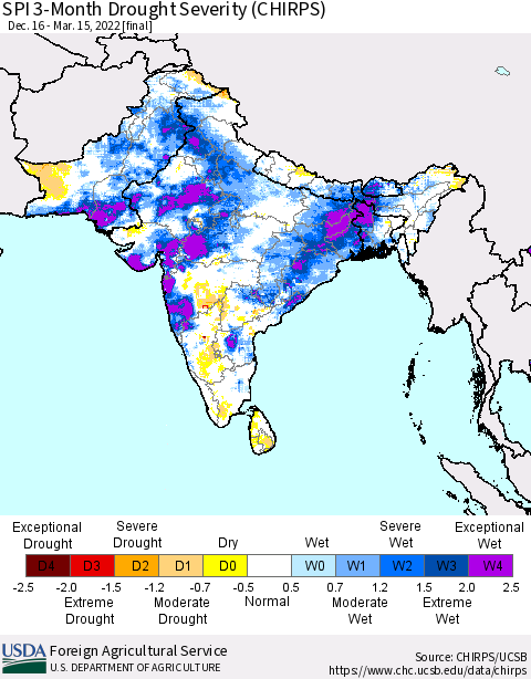 Southern Asia SPI 3-Month Drought Severity (CHIRPS) Thematic Map For 12/16/2021 - 3/15/2022