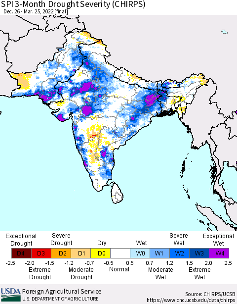 Southern Asia SPI 3-Month Drought Severity (CHIRPS) Thematic Map For 12/26/2021 - 3/25/2022