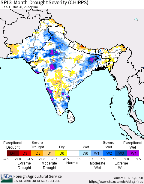 Southern Asia SPI 3-Month Drought Severity (CHIRPS) Thematic Map For 1/1/2022 - 3/31/2022