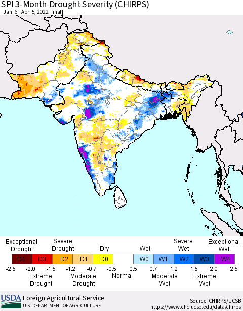 Southern Asia SPI 3-Month Drought Severity (CHIRPS) Thematic Map For 1/6/2022 - 4/5/2022