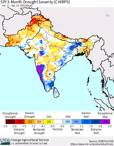Southern Asia SPI 3-Month Drought Severity (CHIRPS) Thematic Map For 1/11/2022 - 4/10/2022
