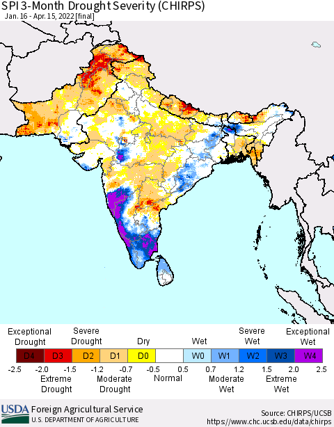 Southern Asia SPI 3-Month Drought Severity (CHIRPS) Thematic Map For 1/16/2022 - 4/15/2022
