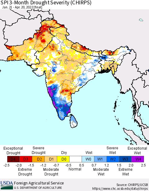 Southern Asia SPI 3-Month Drought Severity (CHIRPS) Thematic Map For 1/21/2022 - 4/20/2022