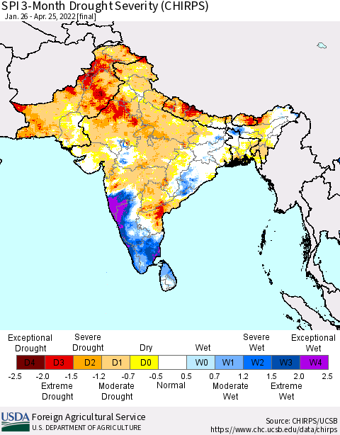 Southern Asia SPI 3-Month Drought Severity (CHIRPS) Thematic Map For 1/26/2022 - 4/25/2022