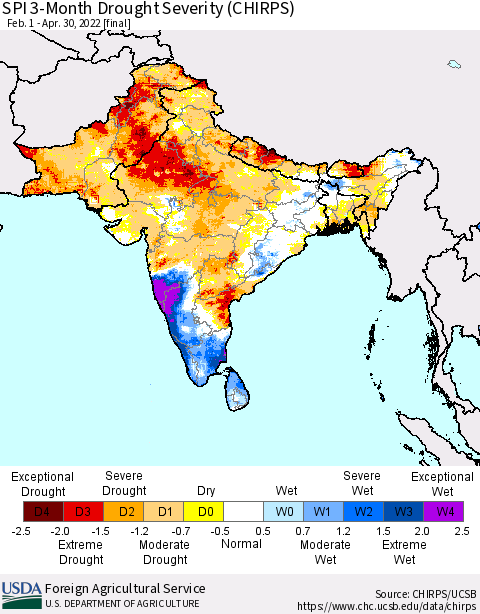 Southern Asia SPI 3-Month Drought Severity (CHIRPS) Thematic Map For 2/1/2022 - 4/30/2022