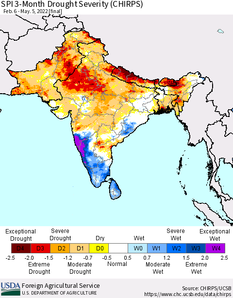 Southern Asia SPI 3-Month Drought Severity (CHIRPS) Thematic Map For 2/6/2022 - 5/5/2022