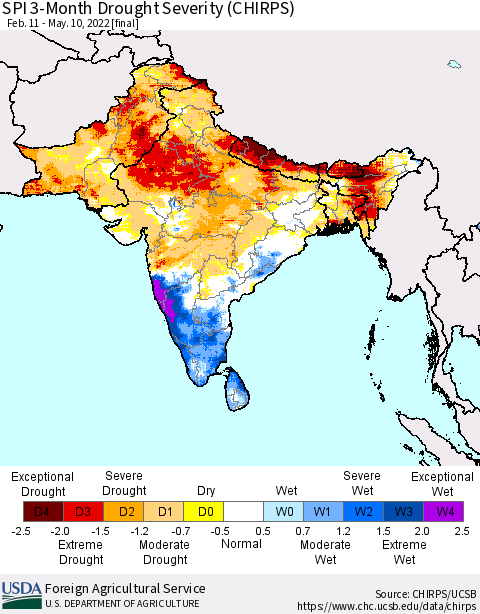 Southern Asia SPI 3-Month Drought Severity (CHIRPS) Thematic Map For 2/11/2022 - 5/10/2022