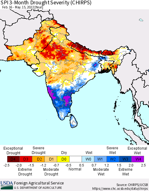 Southern Asia SPI 3-Month Drought Severity (CHIRPS) Thematic Map For 2/16/2022 - 5/15/2022