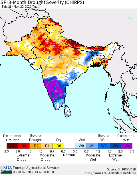 Southern Asia SPI 3-Month Drought Severity (CHIRPS) Thematic Map For 2/21/2022 - 5/20/2022