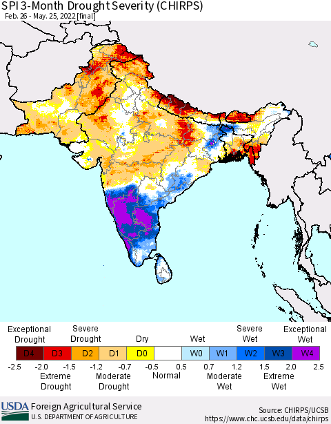 Southern Asia SPI 3-Month Drought Severity (CHIRPS) Thematic Map For 2/26/2022 - 5/25/2022