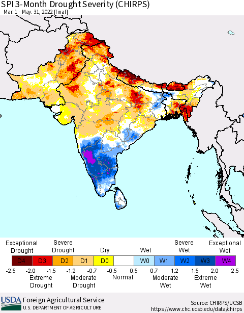 Southern Asia SPI 3-Month Drought Severity (CHIRPS) Thematic Map For 3/1/2022 - 5/31/2022