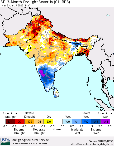 Southern Asia SPI 3-Month Drought Severity (CHIRPS) Thematic Map For 3/6/2022 - 6/5/2022