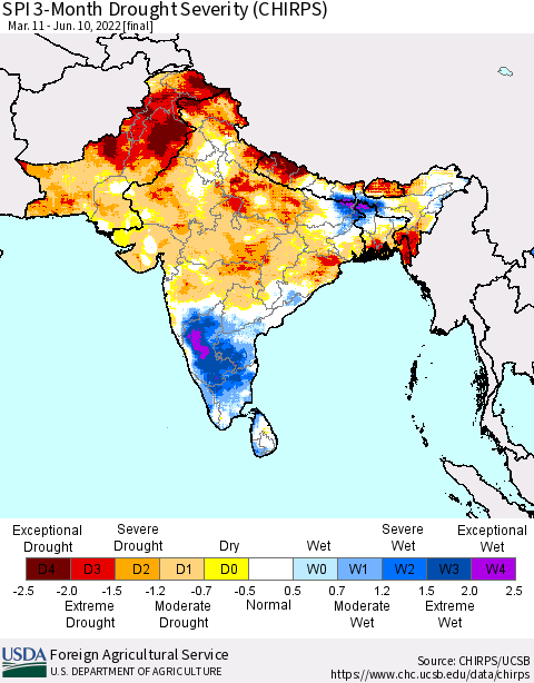 Southern Asia SPI 3-Month Drought Severity (CHIRPS) Thematic Map For 3/11/2022 - 6/10/2022