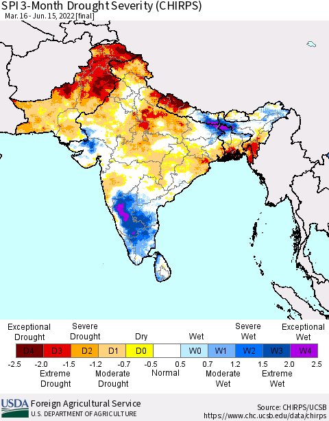 Southern Asia SPI 3-Month Drought Severity (CHIRPS) Thematic Map For 3/16/2022 - 6/15/2022