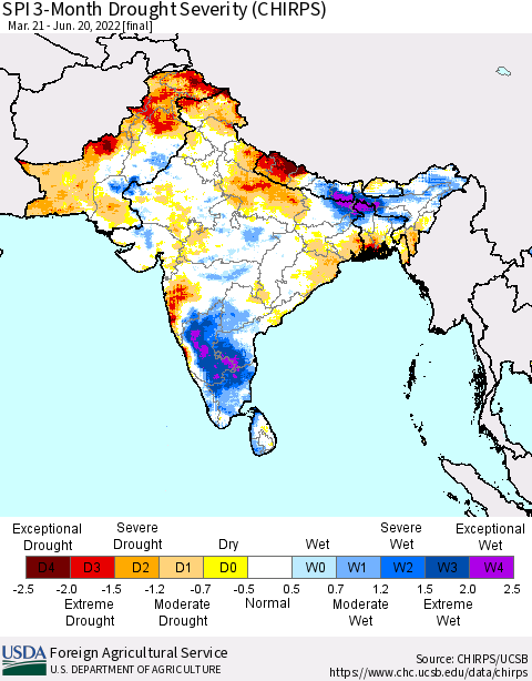 Southern Asia SPI 3-Month Drought Severity (CHIRPS) Thematic Map For 3/21/2022 - 6/20/2022