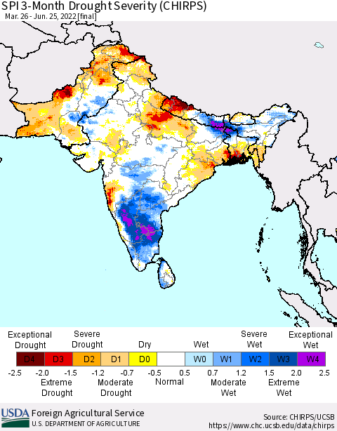 Southern Asia SPI 3-Month Drought Severity (CHIRPS) Thematic Map For 3/26/2022 - 6/25/2022