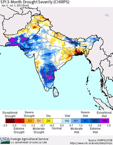 Southern Asia SPI 3-Month Drought Severity (CHIRPS) Thematic Map For 4/6/2022 - 7/5/2022