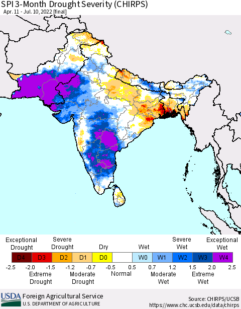 Southern Asia SPI 3-Month Drought Severity (CHIRPS) Thematic Map For 4/11/2022 - 7/10/2022