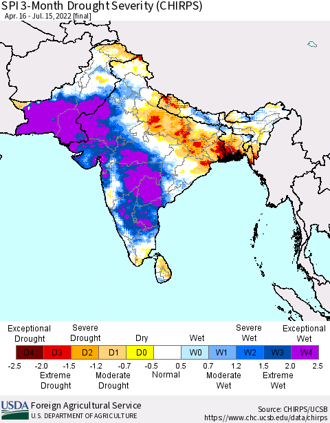 Southern Asia SPI 3-Month Drought Severity (CHIRPS) Thematic Map For 4/16/2022 - 7/15/2022