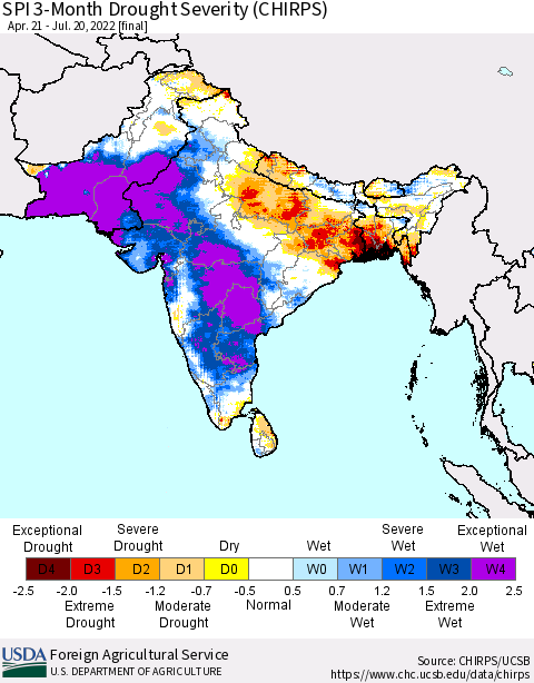 Southern Asia SPI 3-Month Drought Severity (CHIRPS) Thematic Map For 4/21/2022 - 7/20/2022