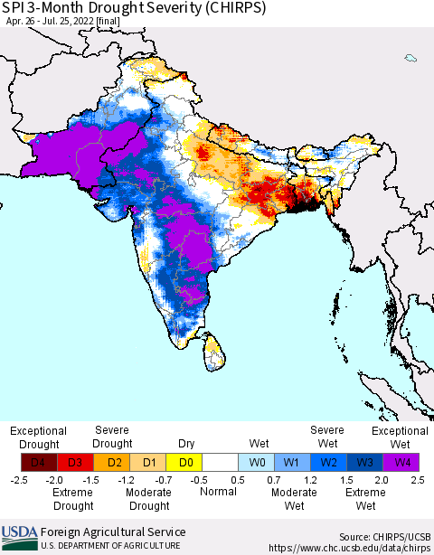 Southern Asia SPI 3-Month Drought Severity (CHIRPS) Thematic Map For 4/26/2022 - 7/25/2022