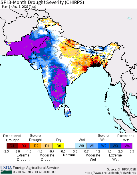 Southern Asia SPI 3-Month Drought Severity (CHIRPS) Thematic Map For 5/6/2022 - 8/5/2022