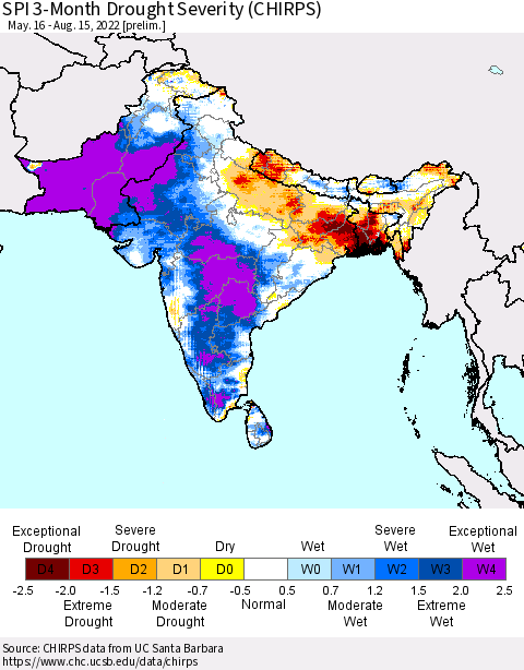 Southern Asia SPI 3-Month Drought Severity (CHIRPS) Thematic Map For 5/16/2022 - 8/15/2022