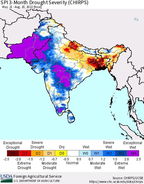 Southern Asia SPI 3-Month Drought Severity (CHIRPS) Thematic Map For 5/21/2022 - 8/20/2022
