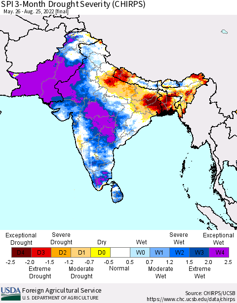 Southern Asia SPI 3-Month Drought Severity (CHIRPS) Thematic Map For 5/26/2022 - 8/25/2022