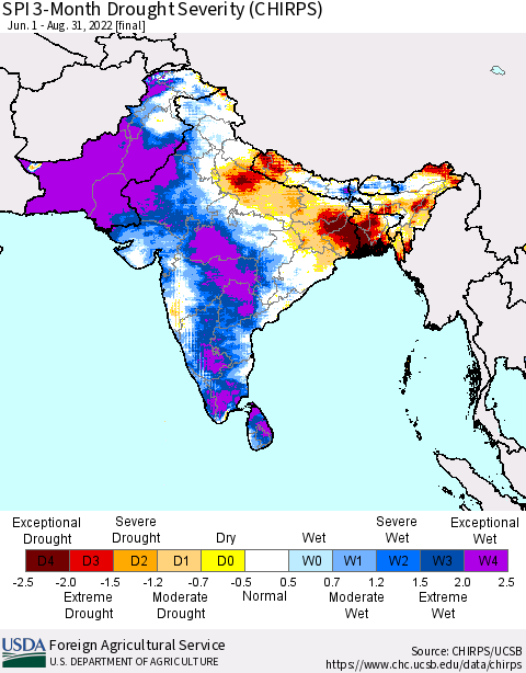 Southern Asia SPI 3-Month Drought Severity (CHIRPS) Thematic Map For 6/1/2022 - 8/31/2022