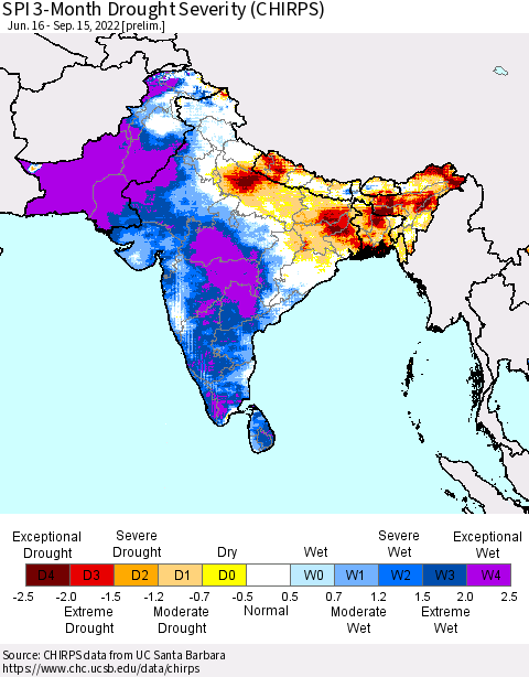 Southern Asia SPI 3-Month Drought Severity (CHIRPS) Thematic Map For 6/16/2022 - 9/15/2022