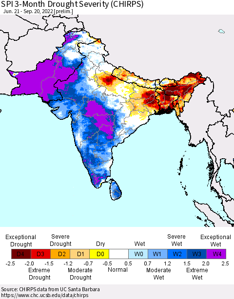 Southern Asia SPI 3-Month Drought Severity (CHIRPS) Thematic Map For 6/21/2022 - 9/20/2022