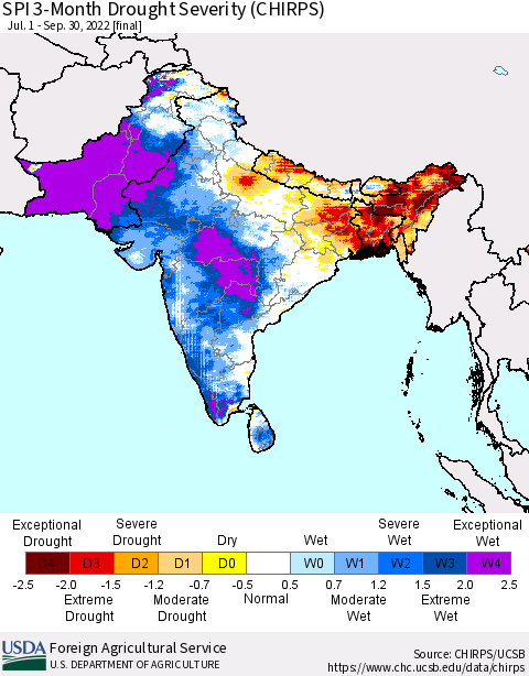 Southern Asia SPI 3-Month Drought Severity (CHIRPS) Thematic Map For 7/1/2022 - 9/30/2022