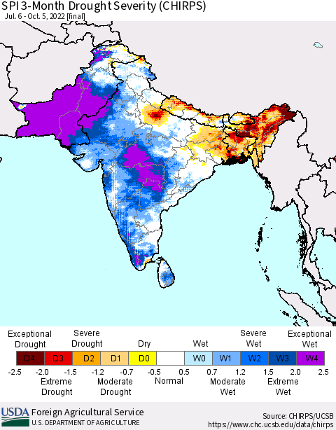 Southern Asia SPI 3-Month Drought Severity (CHIRPS) Thematic Map For 7/6/2022 - 10/5/2022