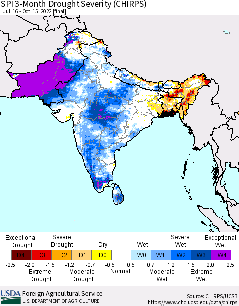 Southern Asia SPI 3-Month Drought Severity (CHIRPS) Thematic Map For 7/16/2022 - 10/15/2022