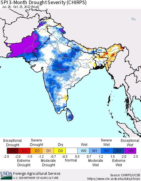 Southern Asia SPI 3-Month Drought Severity (CHIRPS) Thematic Map For 7/26/2022 - 10/25/2022