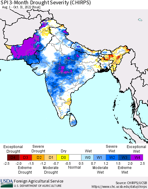 Southern Asia SPI 3-Month Drought Severity (CHIRPS) Thematic Map For 8/1/2022 - 10/31/2022