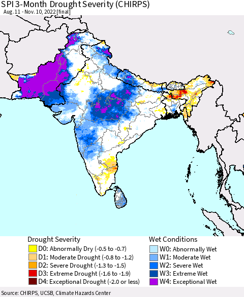 Southern Asia SPI 3-Month Drought Severity (CHIRPS) Thematic Map For 8/11/2022 - 11/10/2022