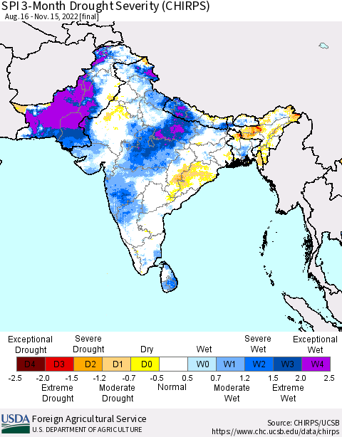 Southern Asia SPI 3-Month Drought Severity (CHIRPS) Thematic Map For 8/16/2022 - 11/15/2022