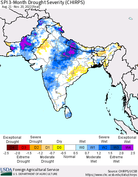 Southern Asia SPI 3-Month Drought Severity (CHIRPS) Thematic Map For 8/21/2022 - 11/20/2022