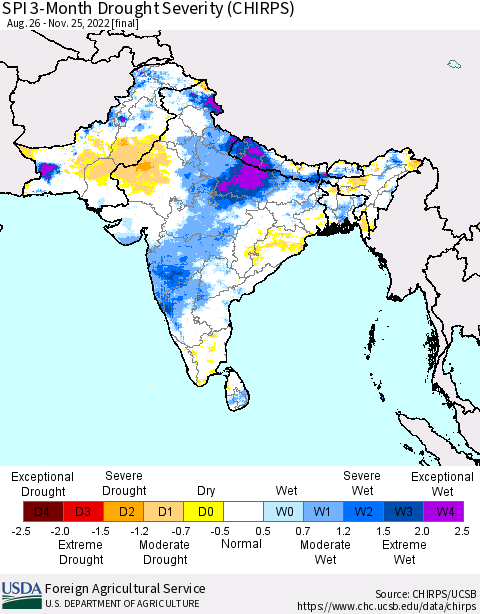 Southern Asia SPI 3-Month Drought Severity (CHIRPS) Thematic Map For 8/26/2022 - 11/25/2022