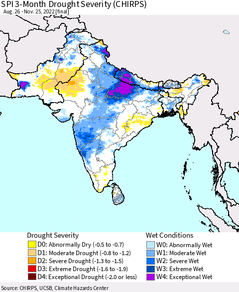 Southern Asia SPI 3-Month Drought Severity (CHIRPS) Thematic Map For 8/26/2022 - 11/25/2022